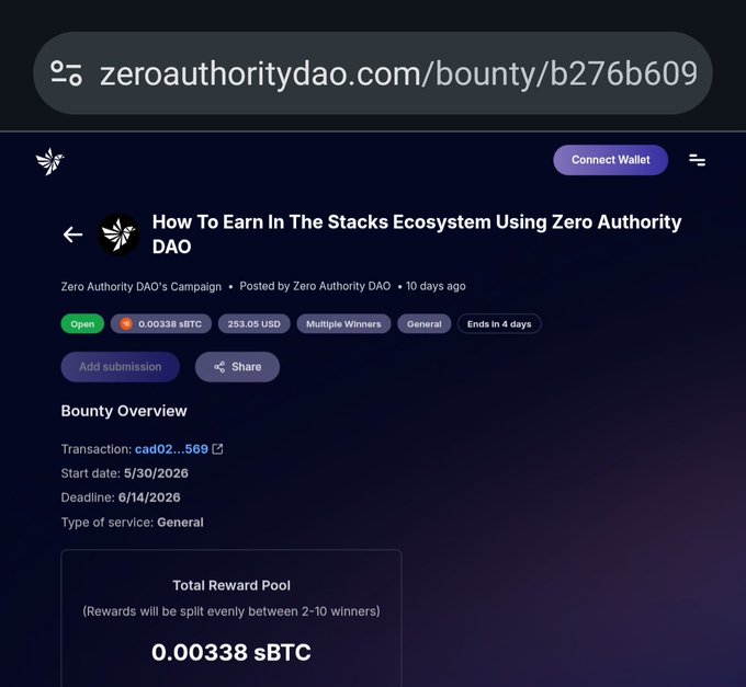The image shows a website with a dark blue background that displays information about freelancing opportunities for Bitcoin developers. The text on the page suggests that there are no fees associated with joining, but rather a chargeback system where freelancers can receive a percentage of their payment back if they experience any issues or disputes. The post also mentions that the DAO is fixing this issue and encourages users to join the platform to earn in the trustless, decentralized gig economy.