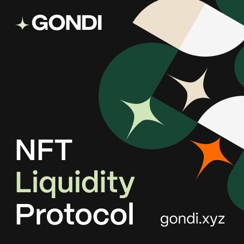 A promotional graphic for 'GONDI NFT Liquidity Protocol' features the website gondi.xyz with stylized green and white letterforms accented by orange and cream star shapes on a black background.