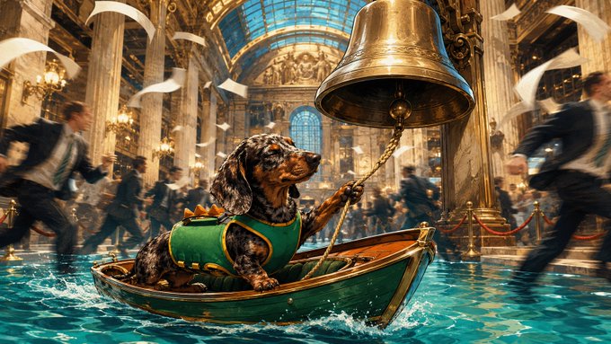 A whimsical illustration shows a dachshund in a green life vest ringing a large brass bell while riding in a small wooden boat on water inside an ornate building, with people rushing by in the background.