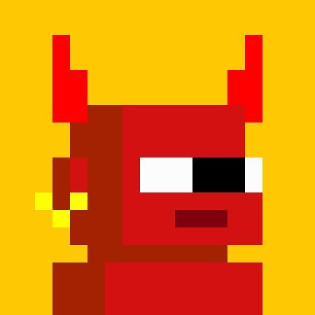 A pixel art red demon-like character with horns and a single visible eye stands against a yellow background.