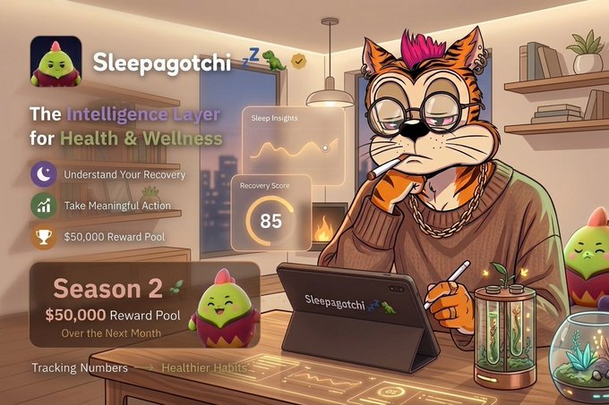 An illustrated promotional image for 'Sleepagotchi' shows a cat character working at a computer with health tracking widgets, advertising 'Season 2' with a '$50,000 Reward Pool.'
