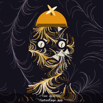 The image showcases an ornate digital artwork from "Late Stage App" featuring a stylized figure with flowing, intricate hair or feathers, striking eyes, and a gold dome-like crown, set against a dark, swirling background. Text at the bottom reads "FAKE ARCHETYPE" and "latestage.app," connecting it to WizardX's upcoming "Late Stage Archetypes" collection teased for Monday.