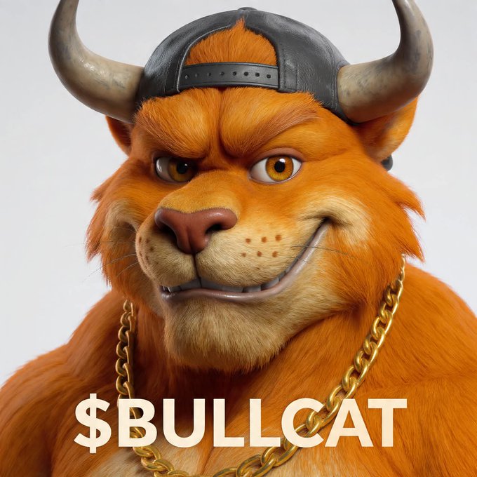 A 3D-rendered orange cat-like creature wearing a black cap and gold chain displays the text '$BULLCAT' across the bottom.