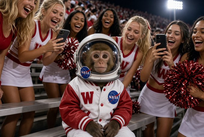 A monkey wearing a NASA space helmet and a white and red 'W' varsity jacket sitting on bleachers surrounded by laughing cheerleaders holding phones and pom-poms at a stadium.