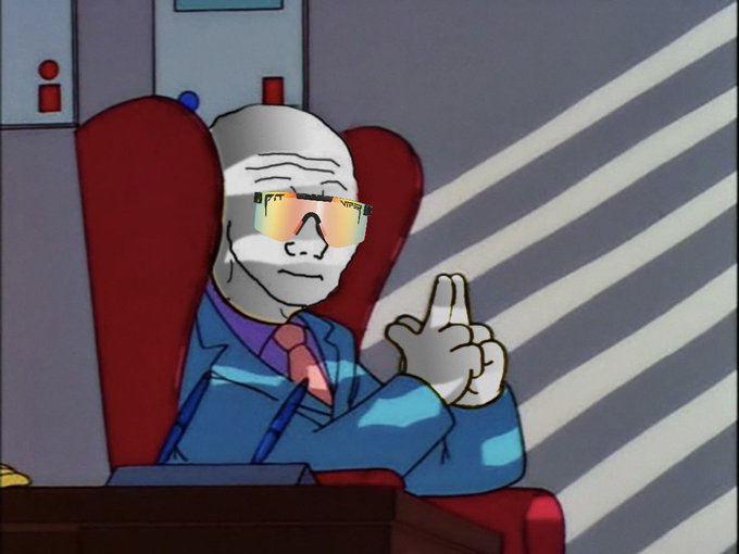 An animated character, an older man with a white face, sunglasses, blue suit, and pink tie, sits in a red chair giving a peace sign while sunlight streams through blinds.
