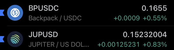 A cryptocurrency price tracker displays BPUSDC (Backpack/USDC) at 0.1655 (+0.55%) and JUPUSD (Jupiter/US Dollar) at 0.15232004 (+0.83%).