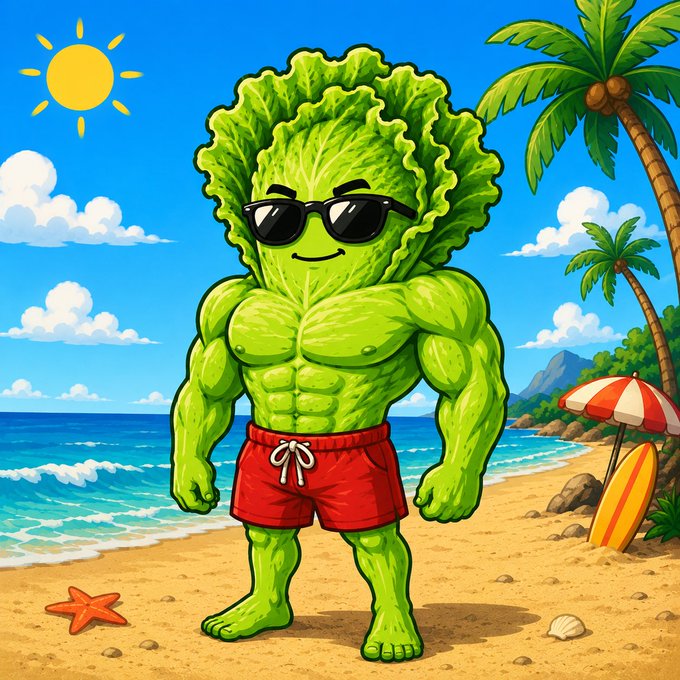 A colorful cartoon illustration of a muscular anthropomorphic lettuce wearing sunglasses and red shorts on a sunny beach with palm trees and the ocean.