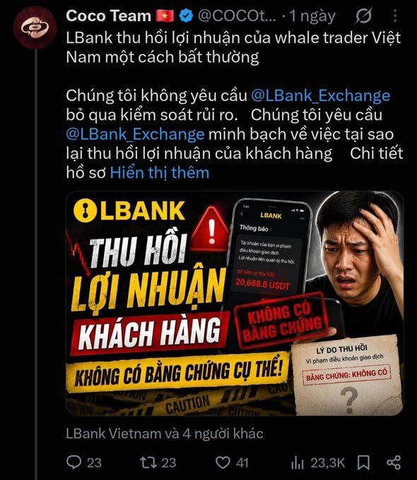 A tweet from Coco Team @COCOt... accusing LBank Exchange of improperly recalling profits from a Vietnamese whale trader, featuring a graphic with text 'LBank THU HỒI LỢI NHUẬN KHÁCH HÀNG KHÔNG CÓ BẰNG CHỨNG CỤ THỂ'.