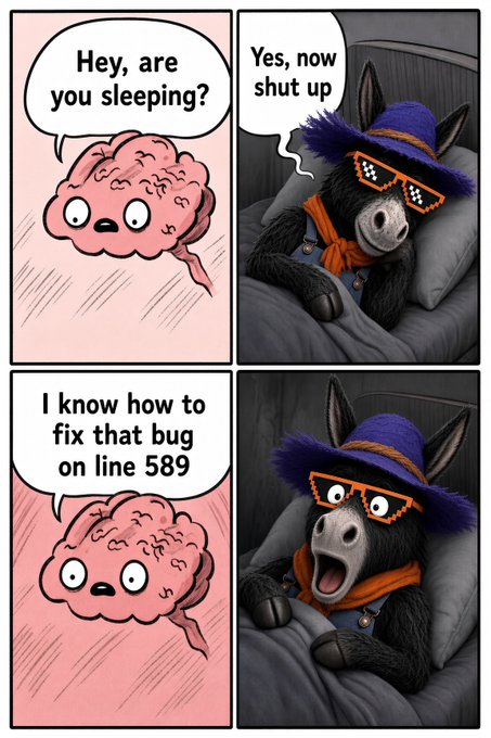 A four-panel comic featuring a pink cartoon brain asking a donkey wearing a purple hat and pixelated sunglasses if it's sleeping. The brain first asks if it's sleeping, the donkey rudely replies "Yes, now shut up," then the brain mentions knowing how to fix a bug on line 589, causing the donkey to suddenly become fully awake.