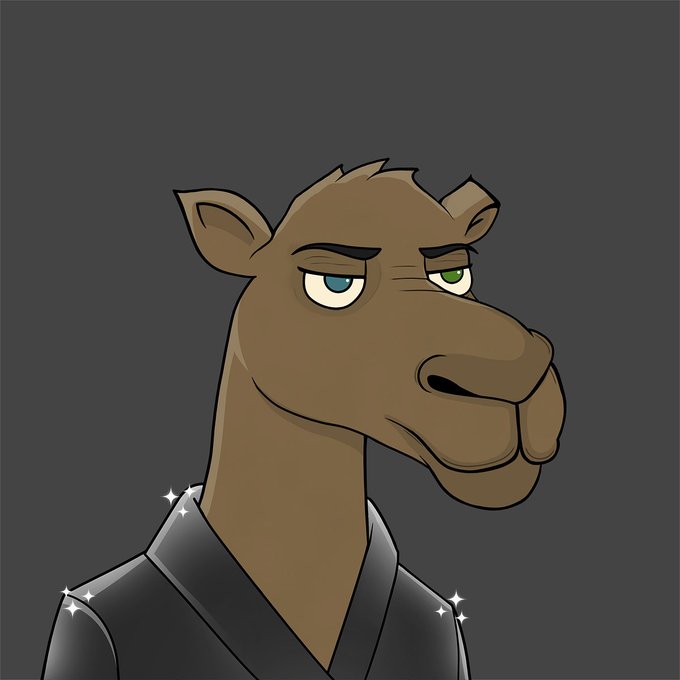 A digital illustration of a brown camel character with green eyes wearing a dark robe, set against a gray background.