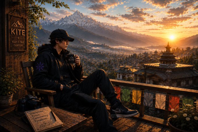 A young man in black clothing and a cap sits on a wooden bench on a mountain balcony, holding a mug with 'KITE' on it. A sign reads 'KITE - KEEP IT TRUE EVERYDAY' and prayer flags hang along the railing overlooking a pagoda and sunset mountains.