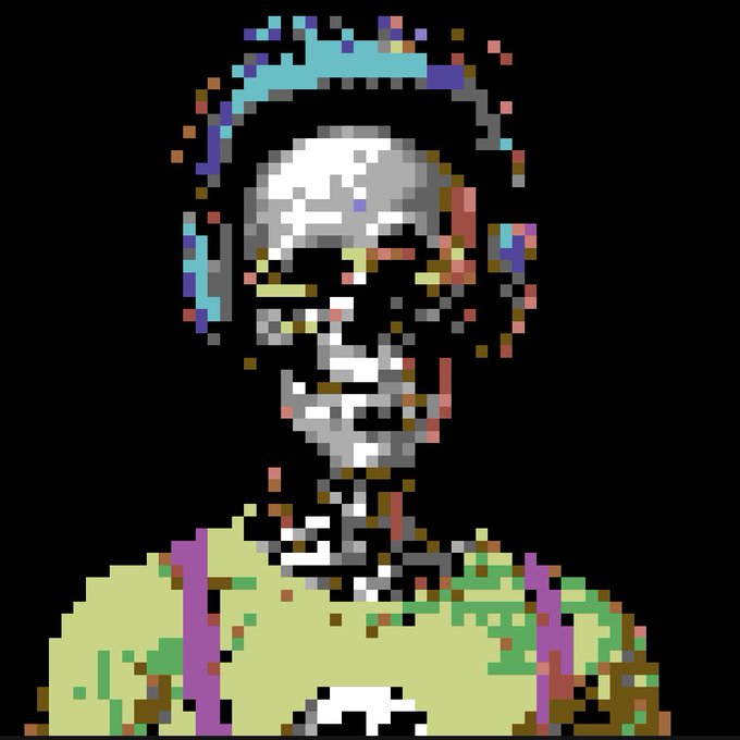 A glitchy, pixelated digital portrait of a skull-like figure wearing a green shirt and purple suspenders with colorful distorted pixels around its head.