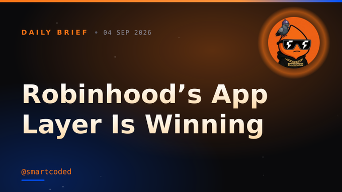 A "Daily Brief" dated 04 Sep 2026 featuring the headline "Robinhood's App Layer Is Winning," with the @smartcoded branding. The graphic visually emphasizes the accompanying post's point that Robinhood Crypto fees surged 82x in 11 days and that app-layer projects like Pons ($5.95M daily fees) are extracting more value than the underlying chain itself, outpacing even Pump.fun.