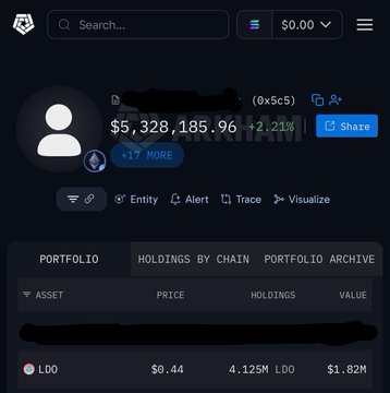 A dark-themed crypto portfolio dashboard displays a total balance of $5,328,185.96 (up 12.23%), with an LDO holding of 4.125M LDO valued at $1.82M, and tabs for Portfolio, Holdings by Chain, and Portfolio Archive visible.

The image appears to be a screenshot of the user's crypto portfolio worth over $5.3M, shared to support the Indonesian caption's message that success in trading (like crypto) only requires focused knowledge, emotional control, and patience—suggesting the poster started as an ordinary Gen Z and built wealth through disciplined expertise rather than luck.