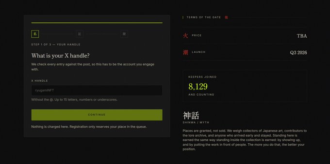 A dark-themed whitelist signup page for Ryugami (神話) showing Step 1 of 3 where users enter their X handle (displayed as "ryugamiNFT"), with the launch set for Q3 2026 and 8,129 keepers already joined, corresponding to the "gate closes in 24 hours" final call for whitelist registration.
