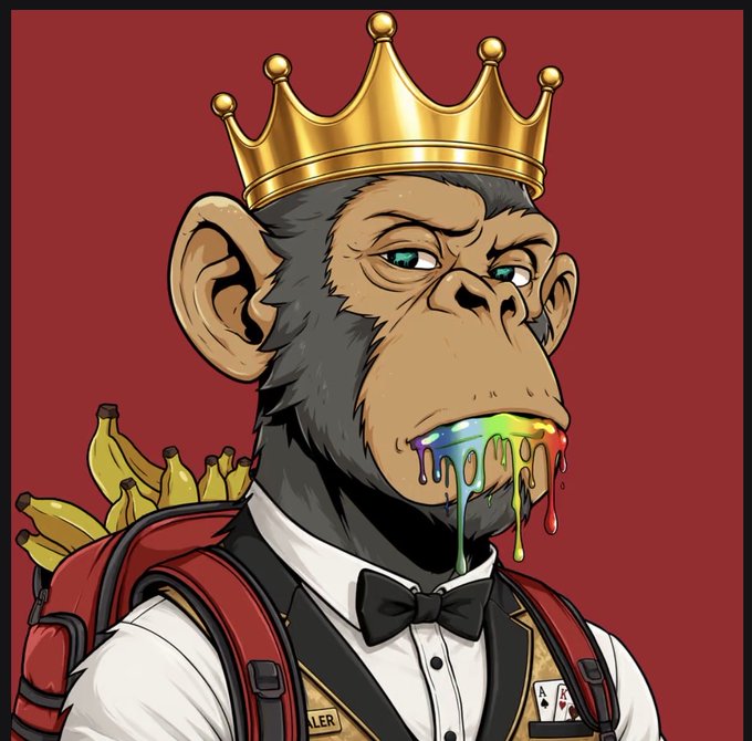 A cartoon illustration of a monkey wearing a golden crown and black bowtie, with rainbow-colored paint dripping from its mouth and bananas on its back, against a dark red background.