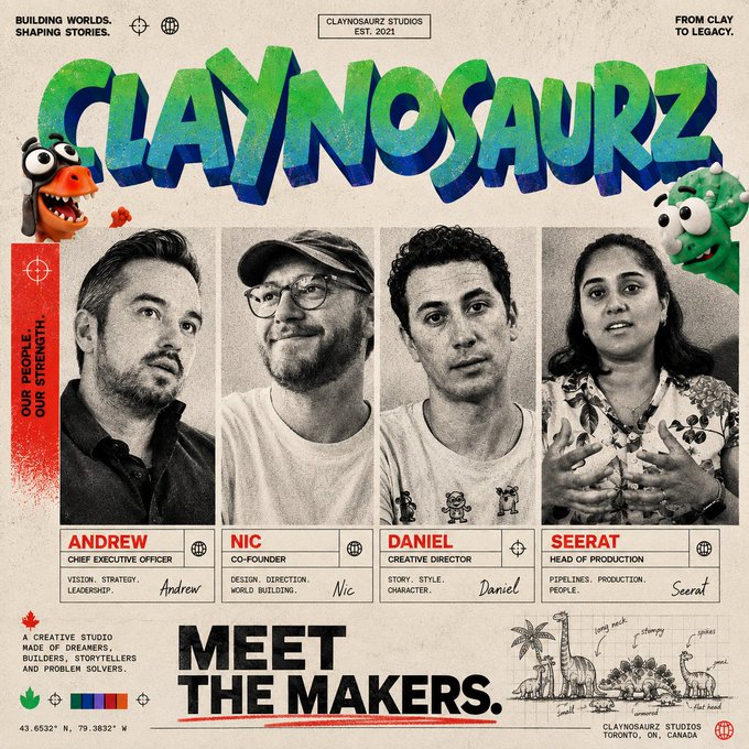 A promotional "Meet the Makers" graphic for Claynosaurz Studios (est. 2021), featuring headshots and titles of four team members: Andrew (CEO), Nic (Co-Founder), Daniel (Creative Director), and Seerat (Head of Production), with branding elements including the tagline "Building Worlds. Shaping Stories." and "From Clay to Legacy."