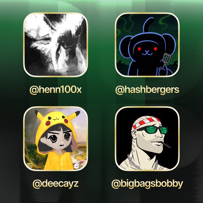 Four profile cards are displayed on a green background, each featuring an avatar and artist handle: @henn100x (black and white portrait), @hashbergers (blue teddy bear with red eyes), @deecayz (girl in Pikachu hoodie), and @bigbagsbobby (man with sunglasses and red headband), visually introducing the four artists welcomed in the post.