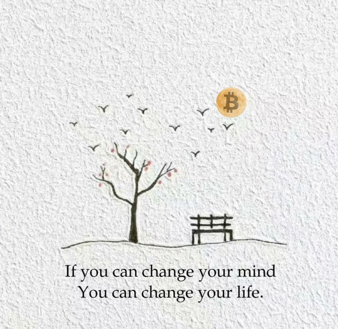 A minimalist illustration featuring a bare tree with a Bitcoin coin in the sky and a bench on the ground, with the caption 'If you can change your mind You can change your life.'