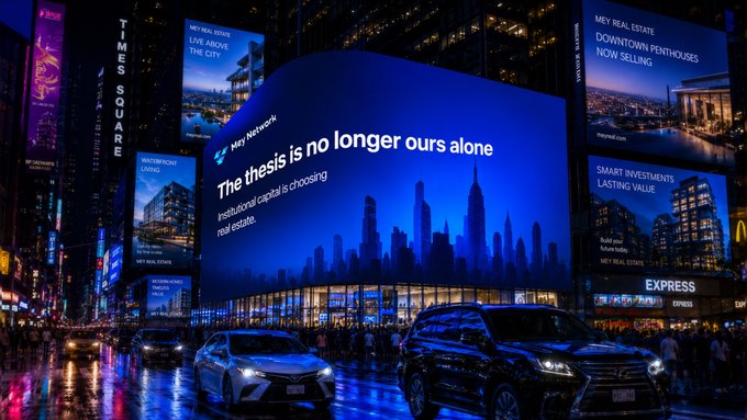 A nighttime cityscape scene, likely Times Square, features a large blue billboard reading "Mey Network – The thesis is no longer ours alone – Institutional capital is choosing real estate," surrounded by other digital displays including "Times Square" and "Mey Real Estate: Live Above the City / Downtown Penthouses Now Selling / Smart Investments Lasting Value," with cars driving on the wet street below. The image visually reinforces the post's message about $MEY's real estate tokenization thesis gaining mainstream validation through Mey Network's prominent advertising in a globally recognized financial hub.