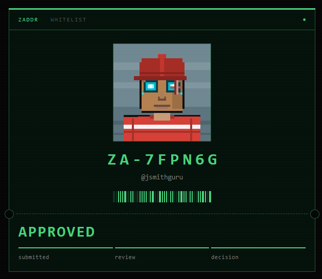 A digital interface displays an approved ZADDR whitelist ticket numbered ZA-7FPN6G for @jsmithguru, featuring a pixelated character avatar in red attire above a barcode. The "APPROVED" status is confirmed with all three progress stages—submitted, review, and decision—highlighted at the bottom, matching the post's announcement of whitelist approval.