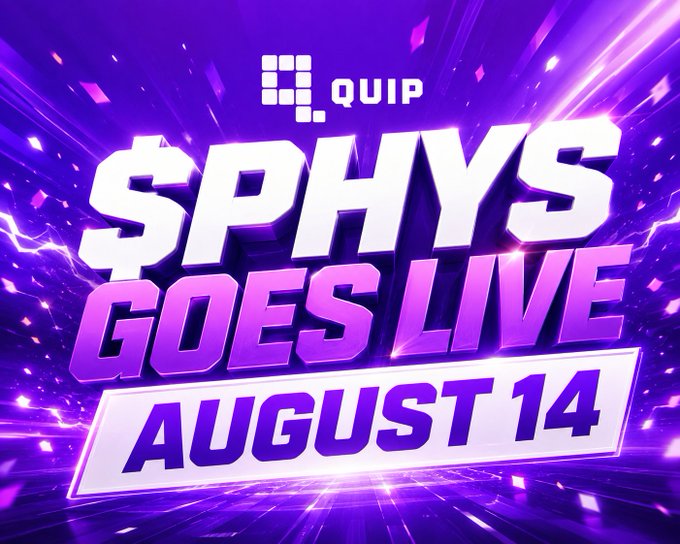 A vibrant purple promotional graphic announcing "QUIP $PHYS GOES LIVE AUGUST 14" with bold stylized text and dynamic light effects, matching the post's hype about the upcoming launch date and encouraging gamers to keep stacking before the token goes live.