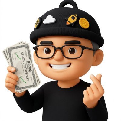A 3D cartoon-style avatar of a man wearing glasses and a black cap decorated with rocket and cloud pins, holding a fan of stock certificates.