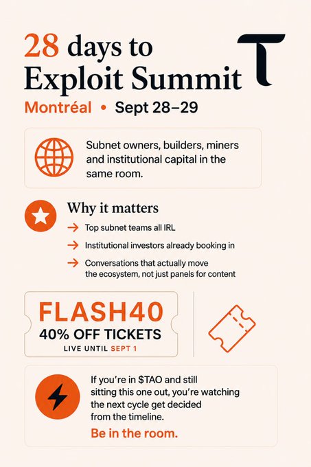 A promotional graphic for the 'Exploit Summit' in Montréal on Sept 28–29, counting down '28 days to Exploit Summit' and offering a 'FLASH40 40% OFF TICKETS' code live until Sept 1.