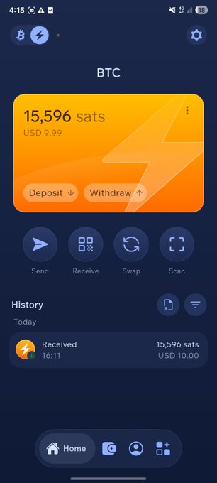 A mobile Bitcoin (BTC) wallet app showing a balance of 15,596 sats (USD 9.99) with deposit and withdraw options.