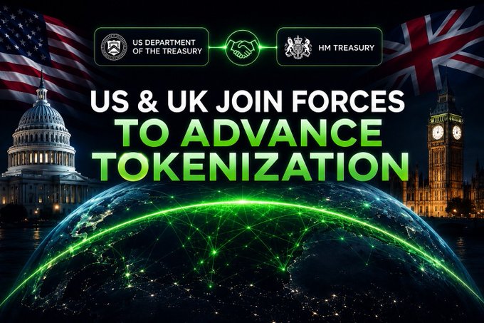 A promotional graphic announces "US & UK JOIN FORCES TO ADVANCE TOKENIZATION," featuring the logos of the US Department of the Treasury and HM Treasury connected by a handshake icon, set against a backdrop of the US Capitol and Big Ben with a glowing green digital globe below. The image visually reinforces the post's message about the two nations' newly released joint 10-point roadmap for cross-border tokenized asset interoperability.