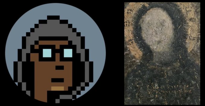 Two images side by side: on the left, a pixel art avatar of a hooded figure with glowing blue glasses on a blue circular background; on the right, a painting of a hooded figure in earthy tones with a textured, weathered appearance.