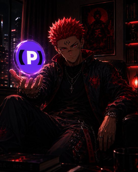 An anime-style illustration of a red-haired male character with facial markings, wearing dark clothing and silver jewelry, holding a glowing purple orb with the letter '(P)' on it.