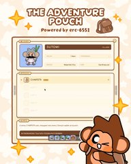 A cartoon monkey character named "Tamegorou" is featured on a passport-style document titled "THE ADVENTURE POUCH" powered by erc-6551, with the featured NFT #5515 displayed, tying into the post's announcement about the character receiving his own NFT pouch and allowance funded by the $Chmpstr token.