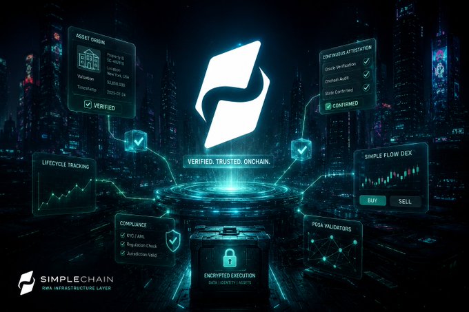 A promotional graphic for SimpleChain, labeled as an 'RWA INFRASTRUCTURE LAYER,' featuring interconnected panels for Asset Origin, Lifecycle Tracking, Compliance, Continuous Attestation, Simple Flow DEX, and POSA Validators.