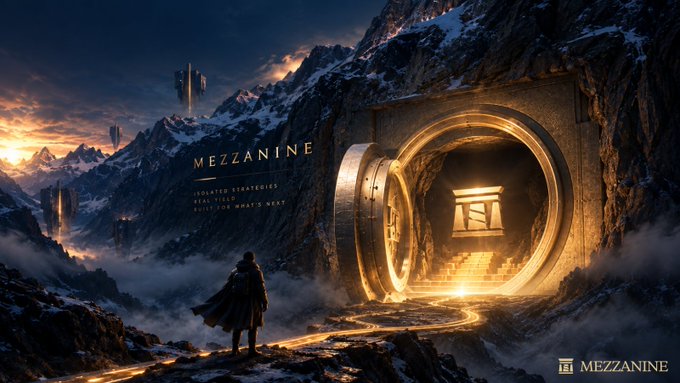 A cinematic digital artwork shows a figure in a cape standing before a massive golden vault door built into a snowy mountain, with text reading 'MEZZANINE ISOLATED STRATEGIES REAL YIELD BUILT FOR WHAT'S NEXT' and 'MEZZANINE' logo.
