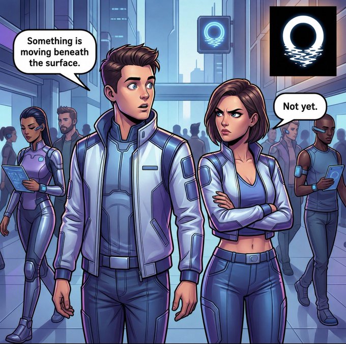 The image features a man and woman standing next to each other, with the woman wearing blue jeans and a white jacket while the man wears a gray jacket and blue pants. The background shows an urban setting with buildings and people walking around them. There is also a caption in the image that reads "Something is moving beneath the surface. Not Yet." This suggests that there might be some sort of movement or change happening underneath their feet, but it has not yet reached the surface where they are standing.

The post about the movement beneath the surface seems to be related to the scene depicted in the image. It could be a metaphor for something happening below the characters' feet, such as an event or situation that is not immediately visible but will eventually become apparent. The caption might also serve as a warning or invitation for viewers to pay attention to what's happening beneath them and be prepared for change or progress.