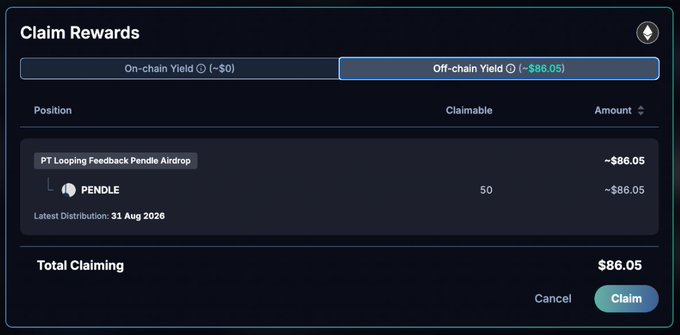 The “Claim Rewards” screen shows an off-chain yield of −$86.05 and 50 claimable PENDLE rewards from the “PT Looping Feedback Pendle Airdrop,” distributed 31 Aug 2026. This reflects the accompanying announcement that PENDLE rewards were sent to participants who provided feedback.