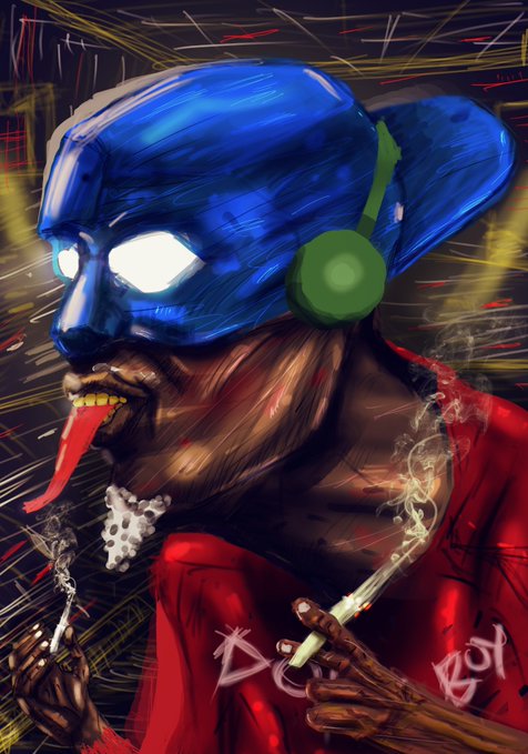 A vibrant digital painting of a monkey-like character wearing a blue mask and headphones, sticking out its tongue while smoking a joint, dressed in a red jacket against a graffiti-style background.