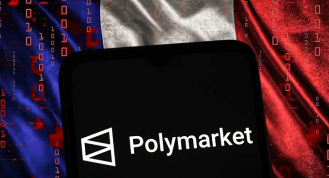 The image shows a smartphone displaying the Polymarket logo against a backdrop of the French flag overlaid with binary code, visually representing France's regulatory crackdown on the prediction market platform while its competitor Kalshi remains unaffected despite climbing traffic.
