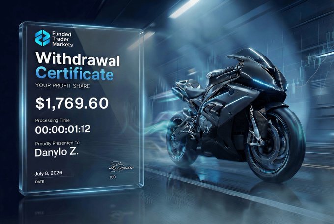This image shows a "Withdrawal Certificate" from Funded Trader Markets for Danylo Z., with a profit share of $1,769.60 and a processing time of 12 seconds, alluding to the fast payout mentioned in the post.