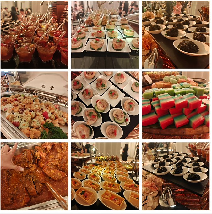 A collage of nine photos showcasing a buffet spread, featuring appetizers in shot glasses, appetizer platters, salads, seafood, layered jelly desserts, crab dishes, and other plated finger foods.