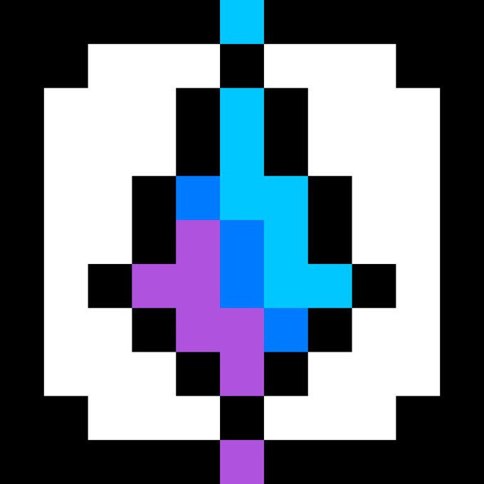 A pixel art design featuring intersecting blue, cyan, and purple lines or shapes on a black background with white corners.