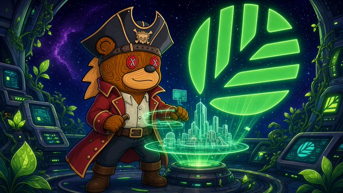 A digital illustration of a bear dressed as a pirate captain standing next to a glowing green holographic projection of a globe and a logo resembling stylized green lines, set against a starry cosmic background with technology and foliage.