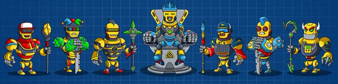 An illustration showing a lineup of seven futuristic cyborg/robot warrior characters with various weapons and equipment, standing in front of a blue blueprint-style background, with one elevated on a pedestal in the center.
