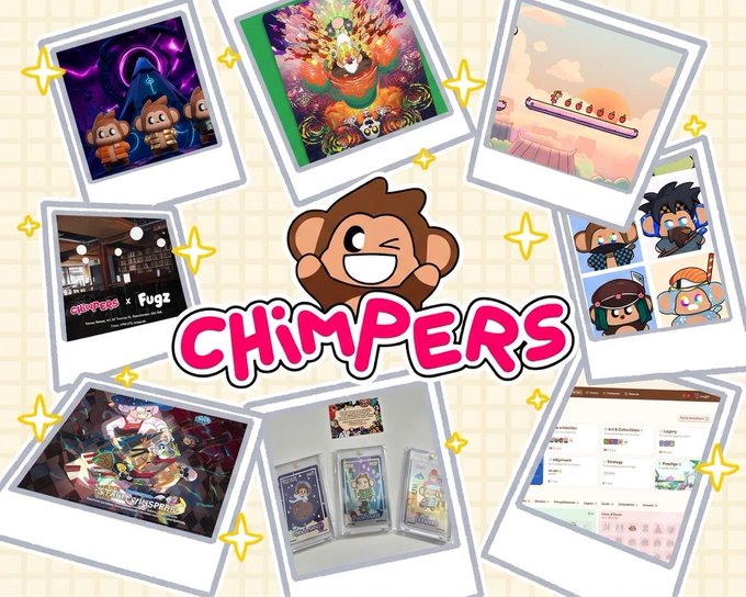 A promotional collage for Chimpers featuring the brand's winking monkey mascot logo surrounded by scattered polaroid-style photos showcasing NFTs, game interfaces, merchandise, and community content. The "CHIMPERS" text is prominently displayed in pink bubble letters, with the surrounding images illustrating the various products, games, and collaborations mentioned in the June recap thread.