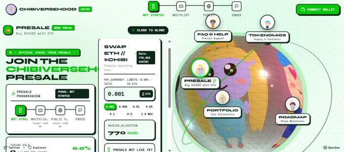 A screenshot of the ChibiverseHood presale website showing a 'JOIN THE CHIBIVERSEH PRESALE' campaign with a presale price of 0.001 ETH per $CHIBI token, alongside a progress tracker and a 3D globe illustration with various menu options.