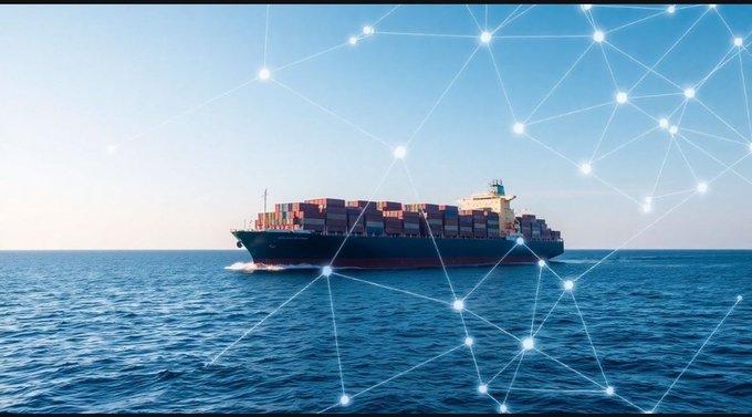 A large container ship sails on the ocean, overlaid with a glowing network of interconnected nodes and lines representing digital connectivity.