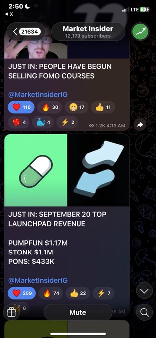 A mobile screenshot of a Telegram channel called 'Market Insider' showing posts about 'PEOPLE HAVE BEGUN SELLING FOMO COURSES' and 'SEPTEMBER 20 TOP LAUNCHPAD REVENUE' listing PUMP.FUN $1.17M, STONK $1.1M, and PONS: $433K.