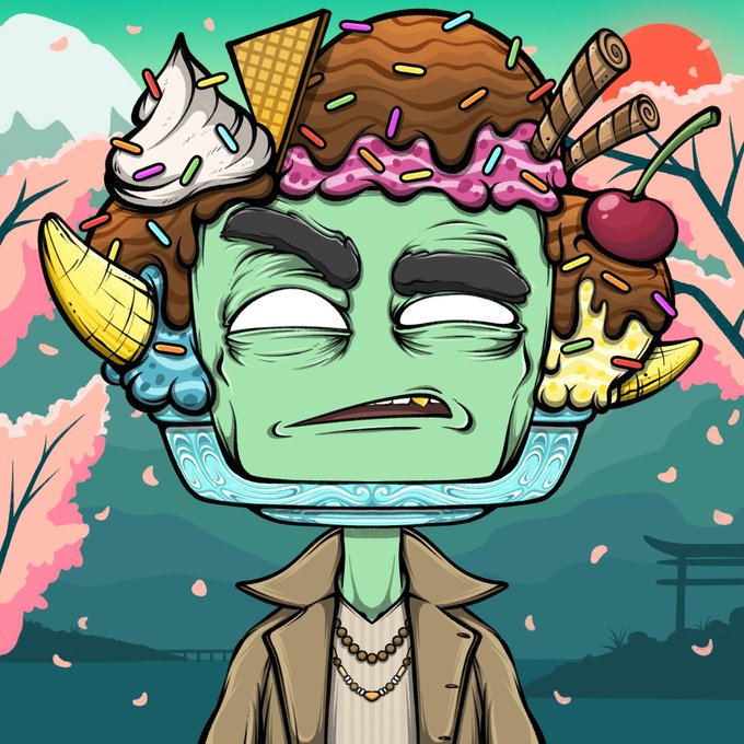 The image features a cartoon character with a green face, wearing a brown jacket and holding a plate of food that includes ice cream, whipped cream, and cherries. The character appears to be in a state of confusion or frustration as they look at their plate filled with these sweet treats. The caption provided for the image reads: "The Frens from @Frens_Factory are about to go on a generational run." This suggests that the character is likely a reference to the character "Fren" created by the artist, who has been featured in various media and platforms.