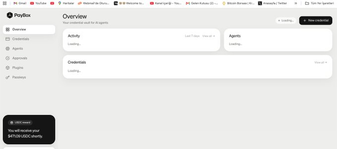 A dashboard interface for 'PayBox' showing an overview with Activity, Agents, and Credentials sections all displaying 'Loading...', along with a notification of receiving $411.09 USDC shortly.